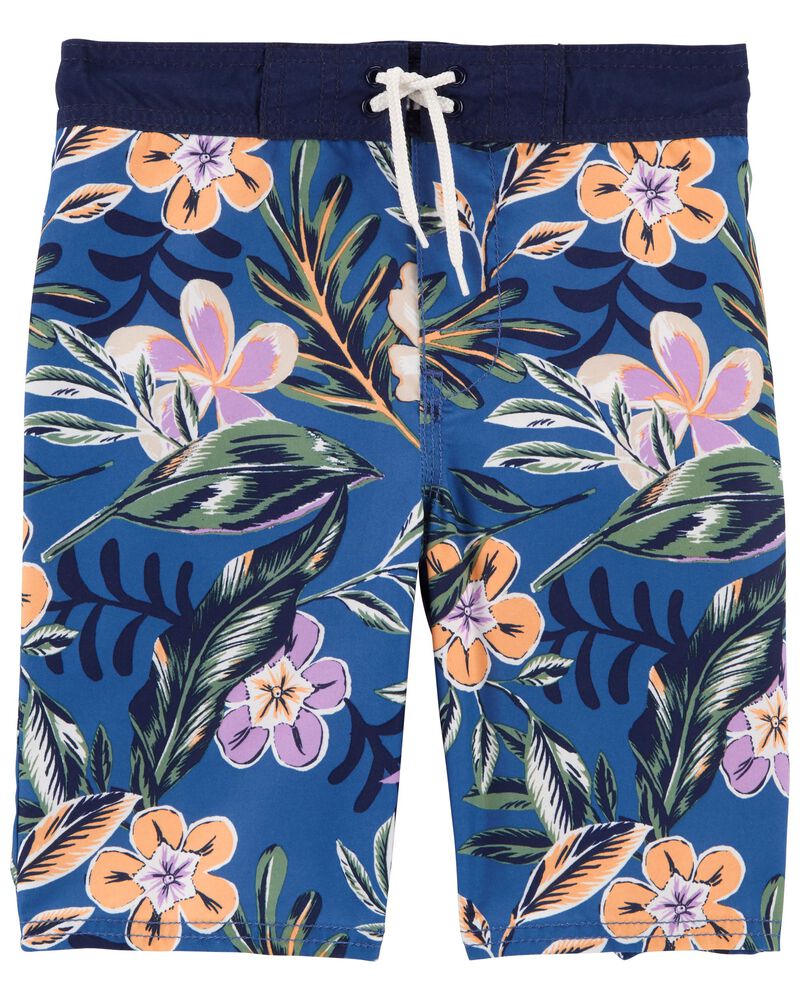 Tropical Floral Print Swim Trunks, image 1 of 2 slides