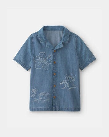 Boys Tropical Denim Short-Sleeve Button-Down Shirt - Medium Wash, 