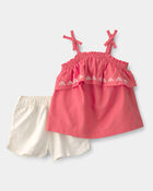 B&eacute;b&eacute; fille - Ensemble 2 pi&egrave;ces uni haut &agrave; manches courtes et short en lin - Rose/ Blanc, image 1 sur 4 diapositives