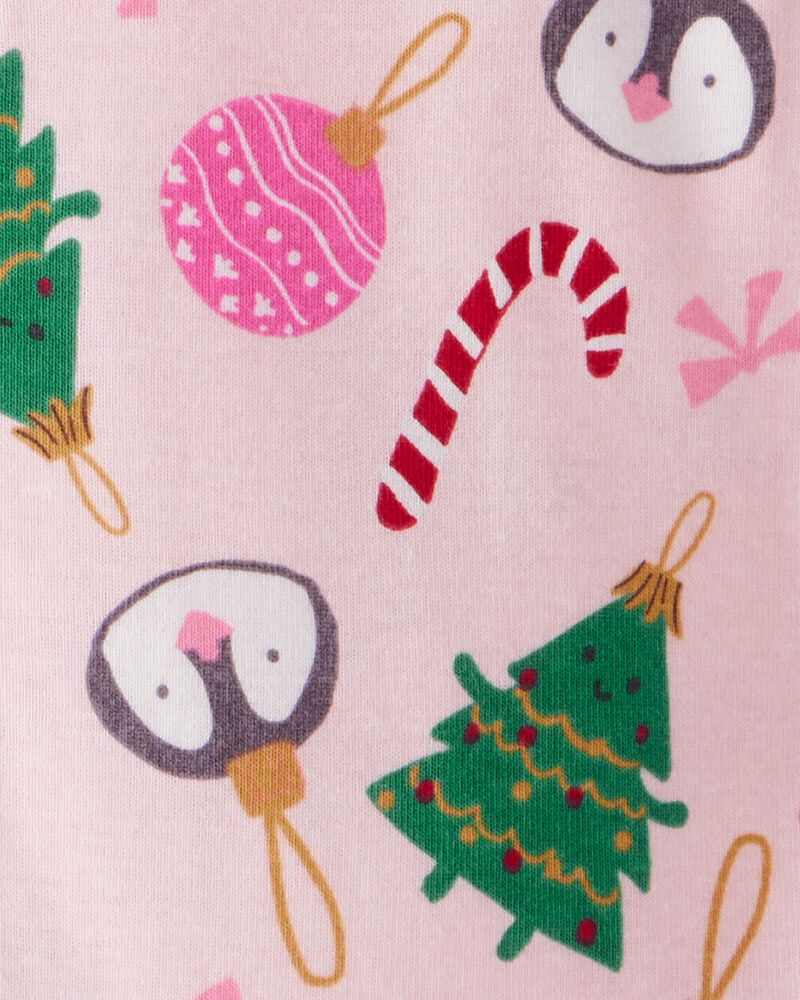 Baby Girl Christmas Ornament Print 100% Cotton Long-Sleeve 2-Way Zip 1-Piece Pyjamas - Pink, image 3 of 3 slides