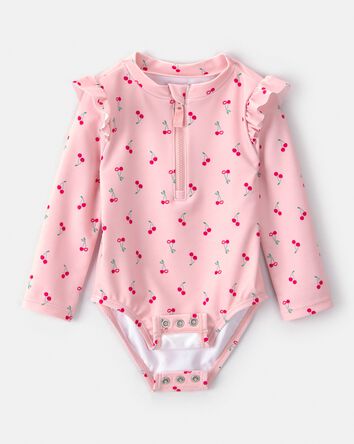 Baby Girl Cherry Long-Sleeve 1-Piece Rashguard Swimsuit - Pink, 