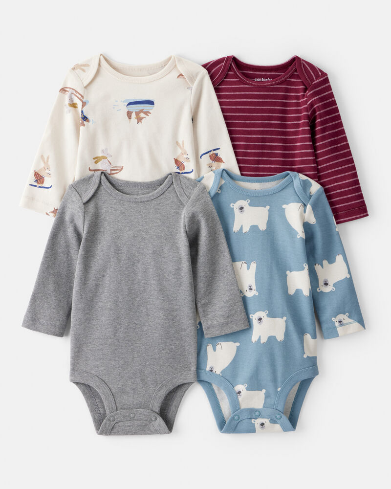 Baby Boy 4-Pack Polar Bear Animal Print Long-Sleeve Multipack Bodysuits - Blue, image 1 of 6 slides