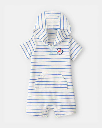 Baby Boy 'Oh Snap!' Lobster Stripe Short-Sleeve Hooded Romper - Blue/White, 