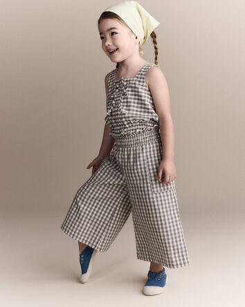 Tout-petit fille - Pantalons &agrave; jambes larges et smocks, motif guingan - Cr&egrave;me/Gris, 