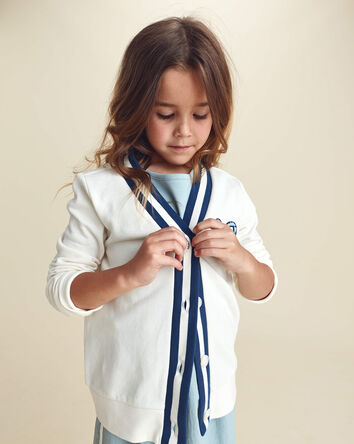 Girls Bow French Terry Cardigan Sweater - Cream, 