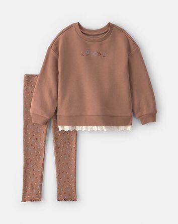 Toddler Girl 2-Piece Floral Fleece Sweatshirt & Pant Set - Brown, 