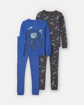 Boys 4-Piece Astronaut 100% Cotton Snug Fit Pyjama Set - Blue, 