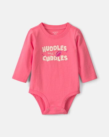Baby Girl 'Huddles And Cuddles' Football Long-Sleeve Graphic Bodysuit - Coral, 