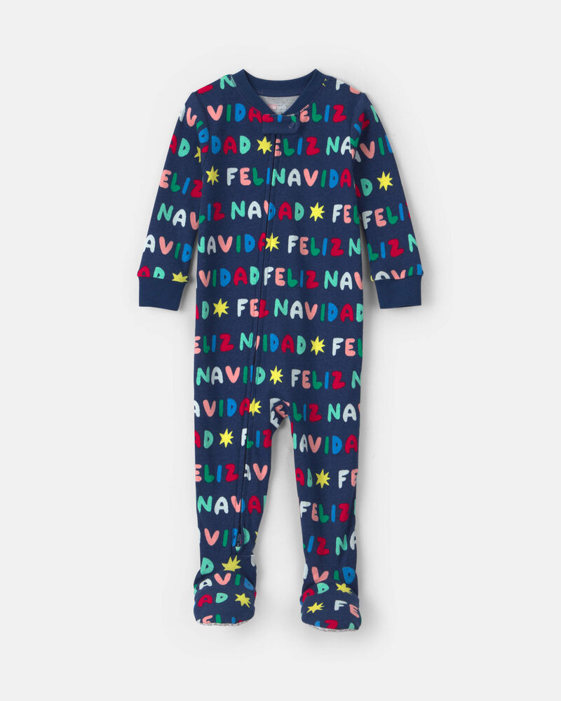 B&eacute;b&eacute; - Pyjama ajust&eacute; 1-pi&egrave;ce en 100 % coton avec pieds &agrave; imprim&eacute; &laquo;Feliz Navidad&raquo; de No&euml;l &ndash; Bleu marine, image 1 sur 4 diapositives