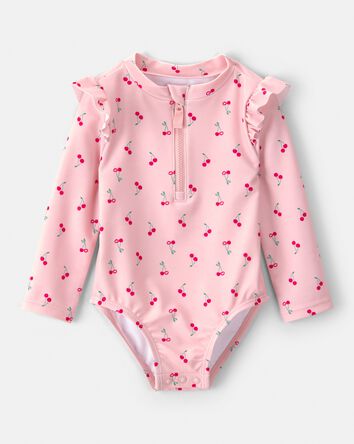Baby Girl Cherry Long-Sleeve 1-Piece Rashguard Swimsuit - Pink, 