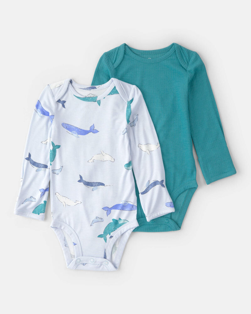 Baby 2-Pack Whale Solid PurelySoft Long-Sleeve Multipack Bodysuits - Blue, image 1 of 7 slides