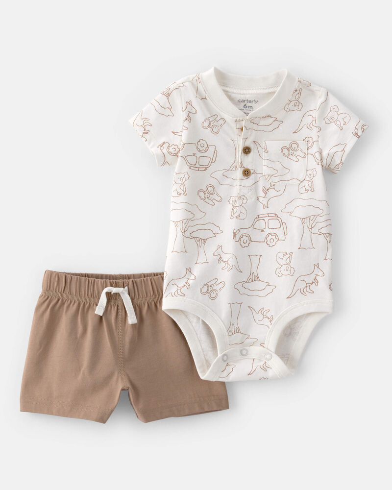 Baby Boy 2-Piece Short-Sleeve Bodysuit & Short Set - Brown/White, image 1 of 4 slides