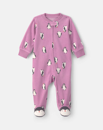 B&eacute;b&eacute; fille - Grenouill&egrave;re en molleton &agrave; fermeture &agrave; glissi&egrave;re double sens et motif manchot - Mauve, 