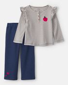 Toddler Girl 2-Piece Apple Striped Fleece Long-Sleeve Top & Pant Set - Navy Blue/Cream, image 1 of 5 slides