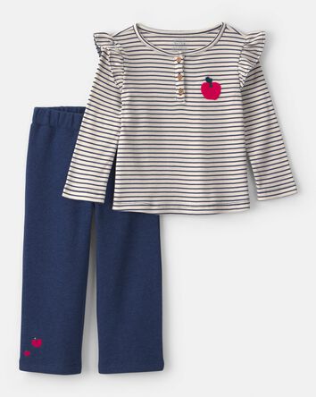 Toddler Girl 2-Piece Apple Striped Fleece Long-Sleeve Top & Pant Set - Navy Blue/Cream, 
