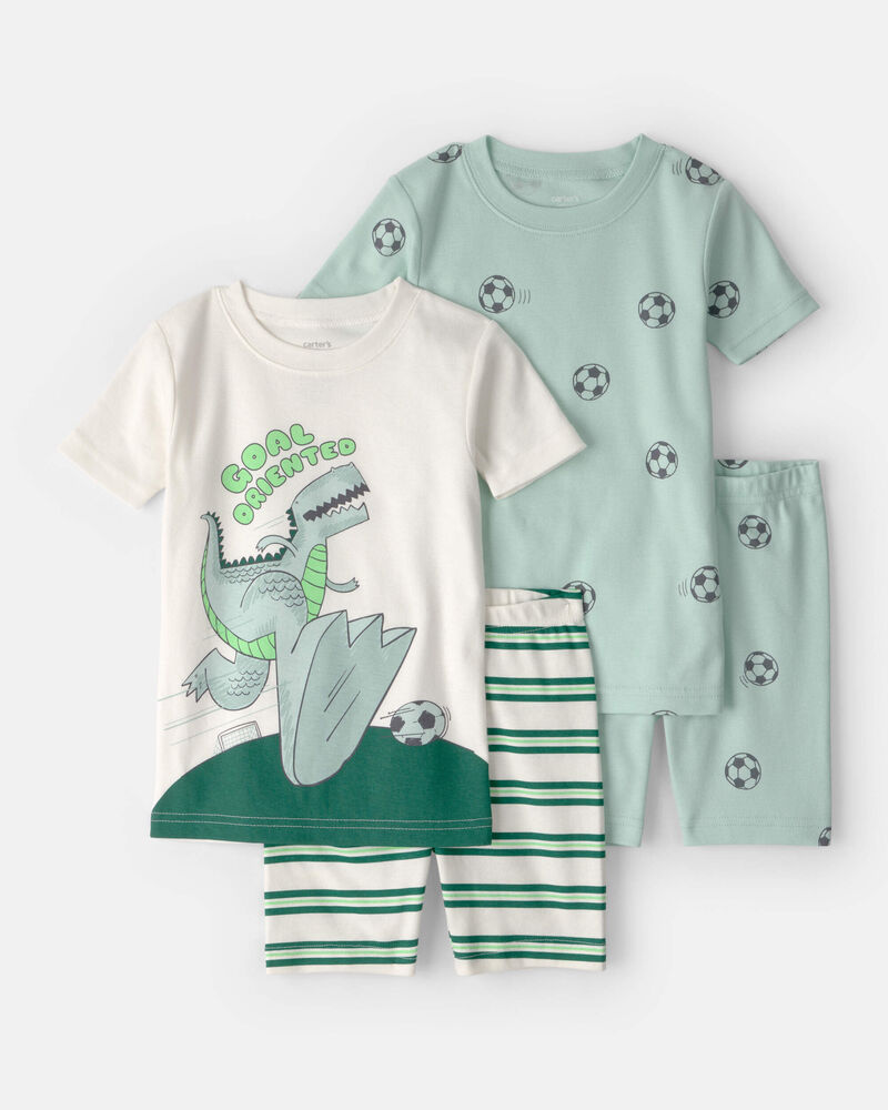 Tout-petit gar&ccedil;on - Ensemble 4 pi&egrave;ces de pyjamas ajust&eacute;s &agrave; manches courtes en 100 % coton, soccer et dinosaures - Vert, image 1 sur 4 diapositives