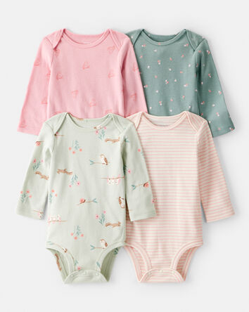 Baby Girl 4-Pack Owl Print Cotton Long-Sleeve Multipack Bodysuits - Green/Pink/White, 