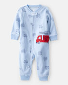 Toddler Boy Firetruck Print Loose Fit Long-Sleeve 2-Way Zip - Blue, image 1 of 4 slides