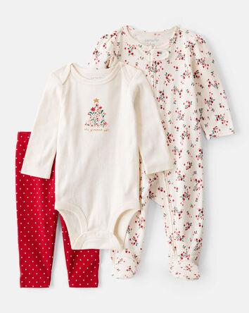 Baby Girl Christmas 3-Piece Sleeper Set, 