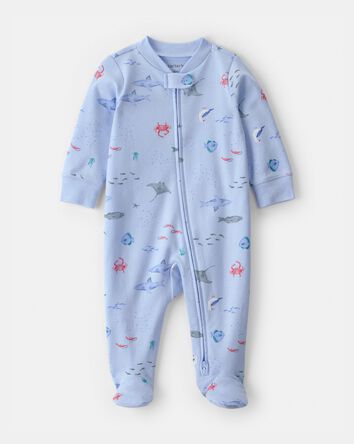 B&eacute;b&eacute; - Grenouill&egrave;re en 100 % coton &agrave; fermeture &agrave; glissi&egrave;re 2 sens, animaux aquatiques - Bleu, 