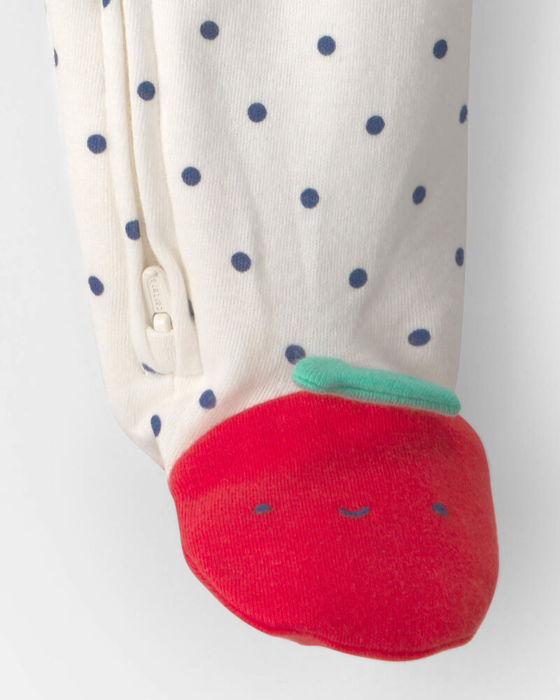 Baby Girl Cherry 2-Way Zip 100% Cotton Sleeper - White, image 4 of 6 slides