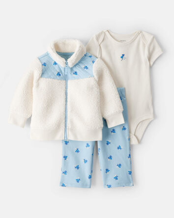 Baby Girl 3-Piece Floral Sherpa Long-Sleeve Bodysuit & Pant Set - Blue, 