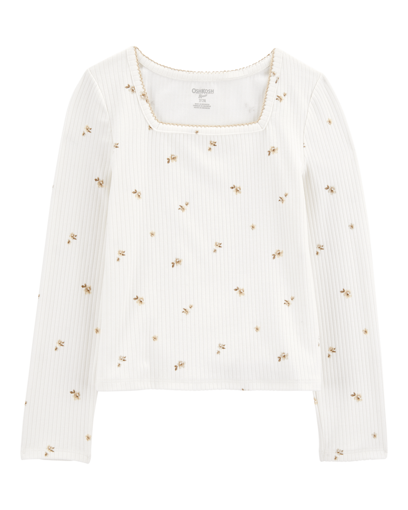 Girls Long-Sleeve Floral Rib Tee - Ivory, image 1 of 3 slides