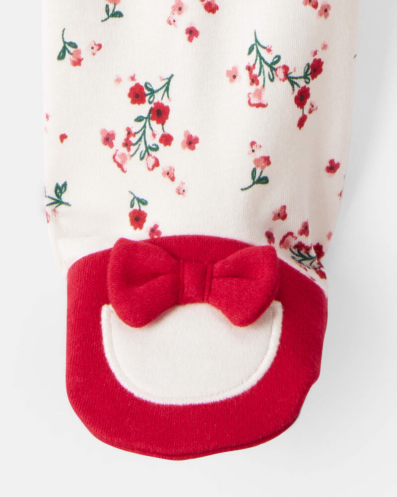 Baby Girl Bow Floral Print 100% Cotton Sleeper - White/Red, image 4 of 5 slides