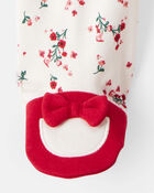 Baby Girl Bow Floral Print 100% Cotton Sleeper - White/Red, image 4 of 5 slides