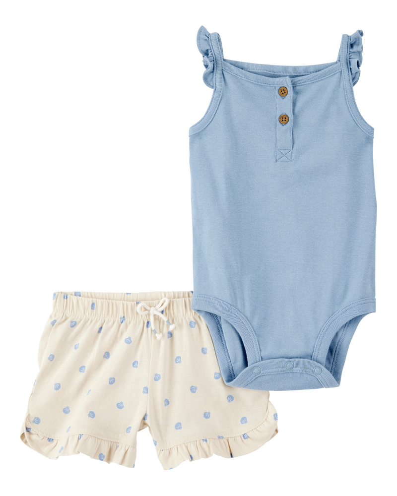 Baby 2-Piece Tank Bodysuit & Shell Print Pull-On Short Set - Blue/Ivory, image 1 of 3 slides