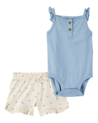 Baby 2-Piece Tank Bodysuit & Shell Print Pull-On Short Set - Blue/Ivory, image 1 of 3 slides