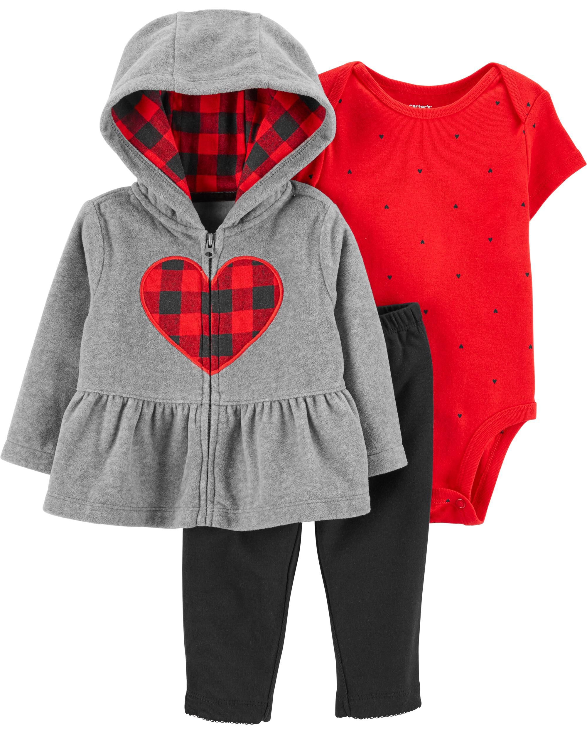 Heather Red Black 3 Piece Fleece Cardigan Set Carter s Oshkosh Canada