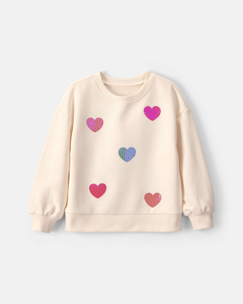 Toddler Girl Sequin Heart French Terry Pullover Sweatshirt - Cream, image 1 of 4 slides