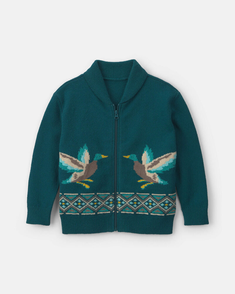 Boys Duck Fair Isle Baggy Cardigan Sweater - Green, image 1 of 3 slides