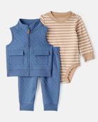 Baby Boy 3-Piece Quilted Vest Outfit Set - Blue/Brown, image 1 of 4 slides