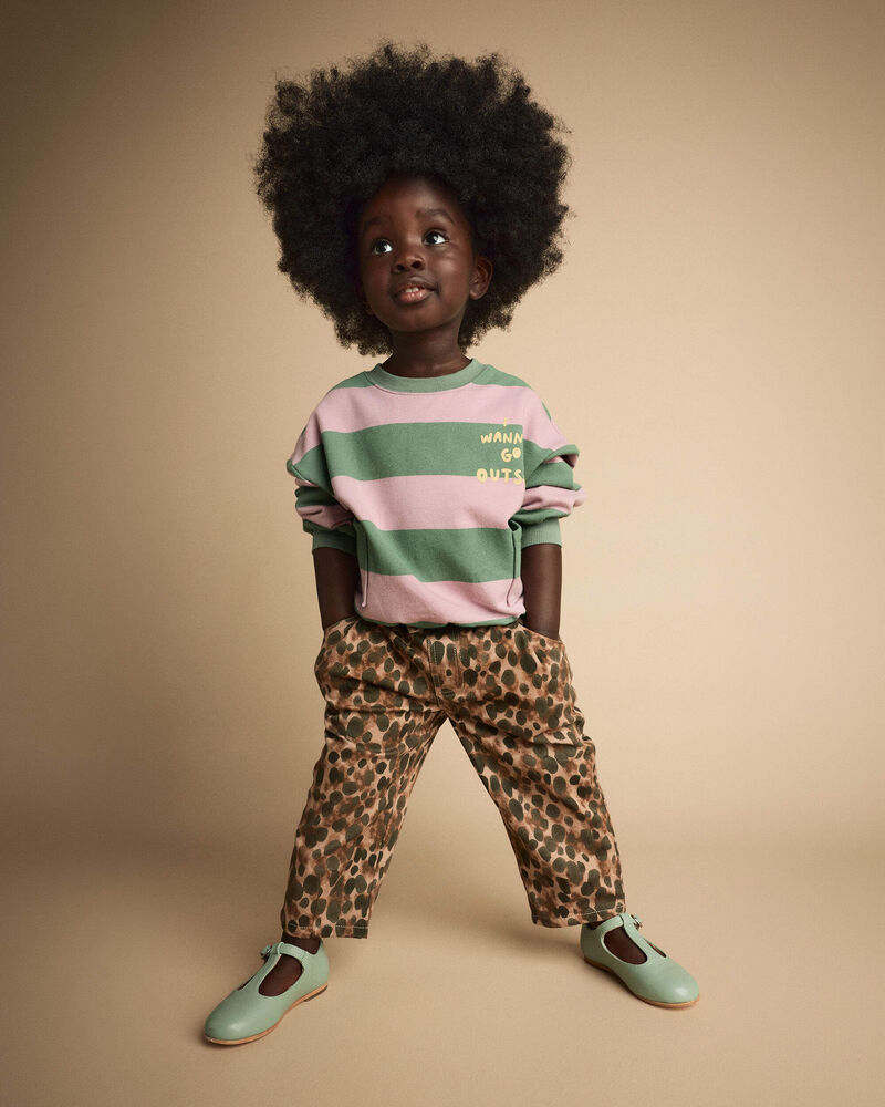 Toddler 'I Wanna Go Outside!' Otter Sweatshirt&trade; with Pockets in Stripes - Olive/Pink, image 1 of 6 slides