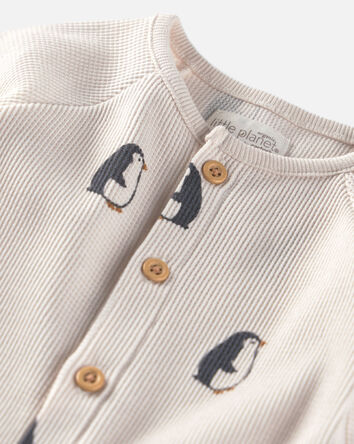 B&eacute;b&eacute; - Combinaison en tricot gaufr&eacute; de coton biologique &agrave; imprim&eacute; de pingouins, 