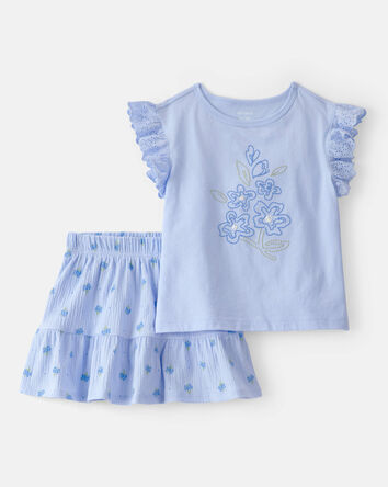 Tout-petit fille - Ensemble 2 pi&egrave;ces haut et jupe-short &agrave; fleurs - Bleu, 
