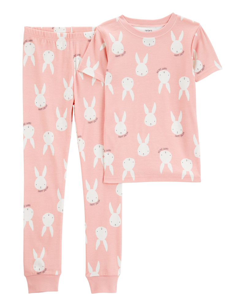 Girls Bunny Print Easter Snug Fit Cotton 2-Piece Pyjamas - Pink, image 1 of 3 slides