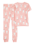 Girls Bunny Print Easter Snug Fit Cotton 2-Piece Pyjamas - Pink, image 1 of 3 slides