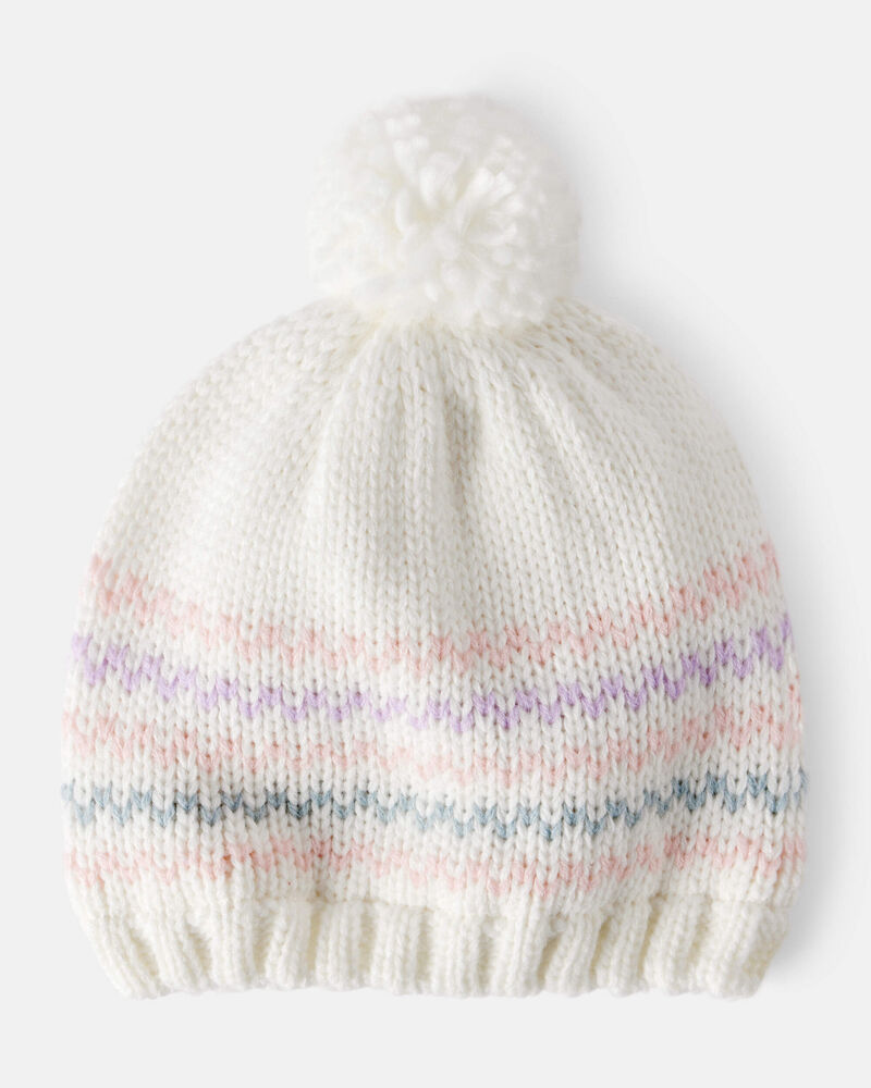 Toddler Girl Striped Pom Winter Hat - White, image 1 of 3 slides