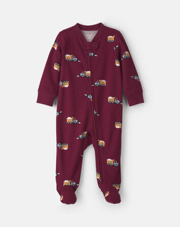 Baby Boy Construction Truck 100% Cotton 2-Way Zip Sleeper - Burgundy, 