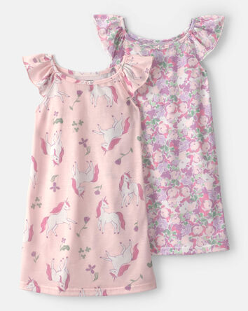 Girls 2-Pack Unicorn Floral Loose Fit Night Gown - Pink, 