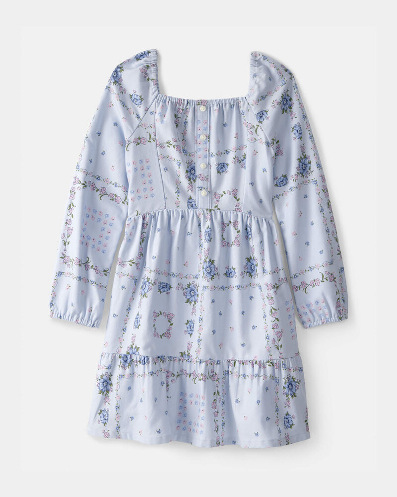 Filles - Robe &agrave; manches longues &agrave; smocks, bandana - Bleu, image 1 sur 3 diapositives