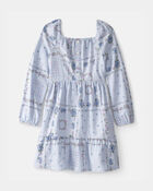 Filles - Robe &agrave; manches longues &agrave; smocks, bandana - Bleu, image 1 sur 3 diapositives