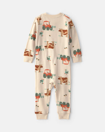 B&eacute;b&eacute; gar&ccedil;on - Pyjama ajust&eacute; 1 pi&egrave;ce en 100&nbsp;% coton &agrave; fermeture &agrave; glissi&egrave;re double sens &agrave; motif ferme - Cr&egrave;me, 