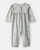 Baby Girl Butterfly Ruffle Cotton Long-Sleeve Jumpsuit - Green, image 1 of 3 slides