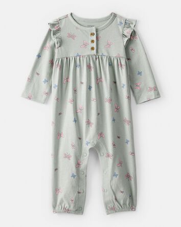Baby Girl Butterfly Ruffle Cotton Long-Sleeve Jumpsuit - Green, 