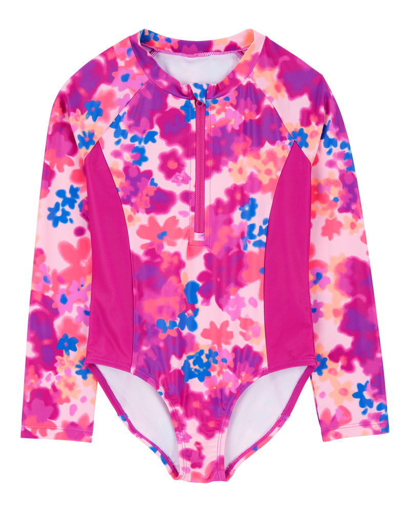 Kid 1-Piece Floral Print Long-Sleeve Rashguard Swimsuit - Pink, image 1 of 4 slides