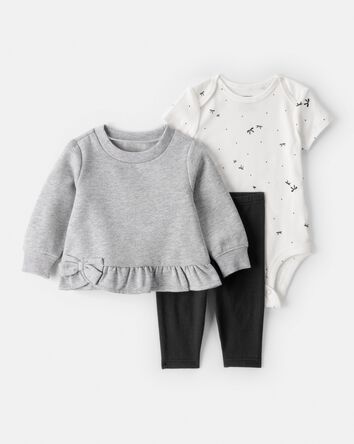 Baby Girl 3-Piece Bow Fleece Long-Sleeve Bodysuit & Pant Set, 